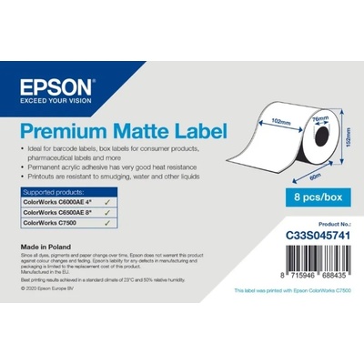Epson C33S045741 Preмiuм Matte, за ColorWorks, 102мм x 60м, бели самозалепващи етикети (C33S045741)