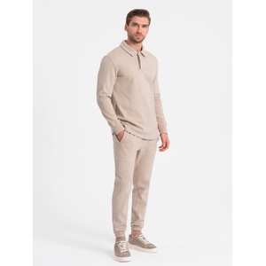 Ombre Clothing Бежов мъжки спортен комплект суитшърт с поло яка + панталони Ombre Clothing Ombre Clothing | Bezhov | МЪЖЕ | XXL