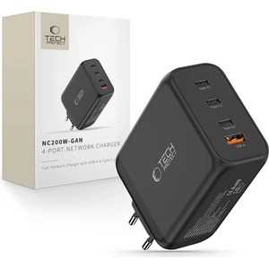 Tech-Protect nc200w-gan 4-портово мрежово зарядно pd 200w / qc3.0 черен (5906302352340)