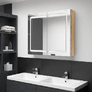 vidaXL LED шкаф с огледало за баня, бяло и дъб, 80x12x68 см (326516)