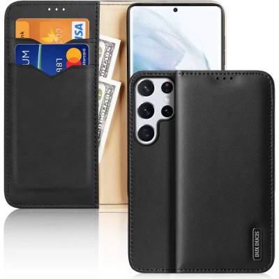Dux Ducis Hivo Genuine Leather Flip Wallet Case - кожен калъф от естествена кожа с поставка и отделение за кр. карти за Samsung Galaxy S22 Ultra (черен)