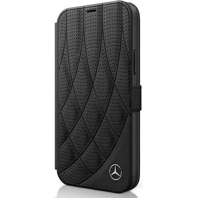 Mercedes-Benz Bow Line Booktype Leather Case - дизайнерски кожен калъф (естествена кожа), тип портфейл за iPhone 12, iPhone 12 Pro (черен)