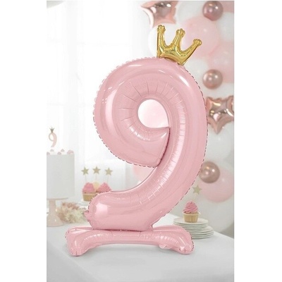 PartyDeco BALÓNEK fóliový Stojací číslo 9 s korunkou světle růžový 84 cm