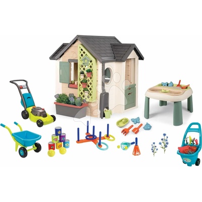 Smoby Set domček pre záhradníka a stôl s vodnou hrou Garden House Life rozšíriteľný s kvetináčmi a kosačkou s náradím a športové hry