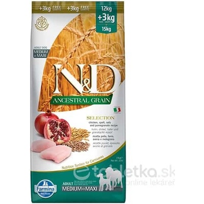 N&D Dog AG Selection Adult Medium & Maxi Chicken Spelt Oats & Pomegranate 12 kg 3 kg