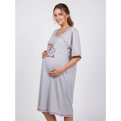 Макси нощница за бременни в сиво с мече