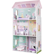 Ecotoys Drevený domček pre bábiky Rezidencia Jagodová 3 poschodia, 8 kusov nábytku