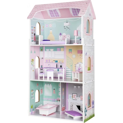 Ecotoys Drevený domček pre bábiky Rezidencia Jagodová 3 poschodia, 8 kusov nábytku
