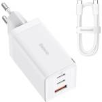 Baseus 3в1 ЕС зарядно устройство, 65 W, кабел Type-C - Baseus GaN5 Pro (CCGP120202) - бял