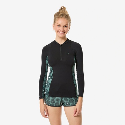 DECATHLON Dámsky top 500 Sunny na zips s dlhými rukávmi a UV ochranou čierny a kaki