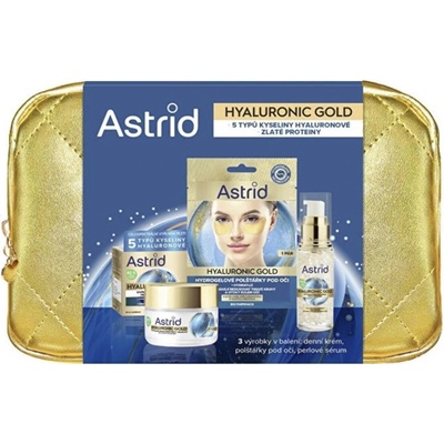 Astrid Hyaluronic Gold Astrid Hyaluronic Gold liftingové oční sérum s niacinamidem 15 ml + Astrid Hyaluronic Gold vyplňující krém proti vráskám 50 m + Astrid Hyaluronic Gold oční maska proti vráskám,