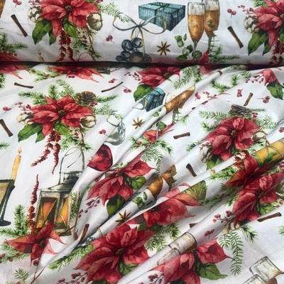 Vánoční bavlněná látka, metráž, šíře 160 cm, Lampa a Skleničky