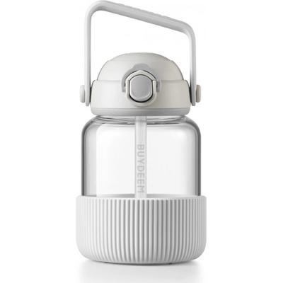 BUYDEEM Преносима бутилка за напитки Buydeem DG78-OW, Изскачаща сламка, Дръжка, Термоустойчиво стъкло до 150°C, Тройно уплътнение, Бял (DG78-OW)