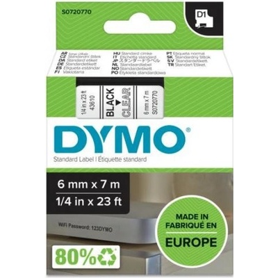 Dymo D1 43610, S0720770, 6mm x 7m čierna tlač / priehľadný podklad, originálna páska