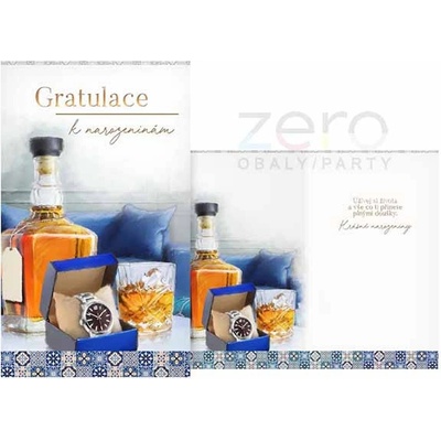 Přání s textem narozeninové + obálka - láhev whisky