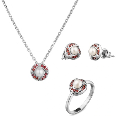 Granát Turnov Stříbrný set šperků 1461 s českým granátem a perlou, rhodiovaný - kruh 58 balónek