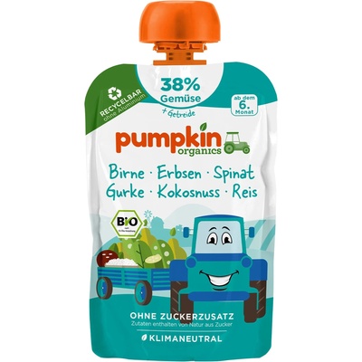 Pumpkin Organics Био пюре Pumpkin Organics - Пауч с круша, грах, спанак и краставица, 100 g (210716)