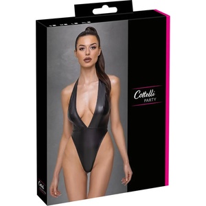 Cottelli Collection Party - дамско боди с яка - лъскав ефект - черно