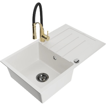 Mexen Bruno еднокоморна гранитна мивка с отцедник и кухненски смесител Aster, бял - 6513-20-73450-57-B (6513-20-73450-57-B)