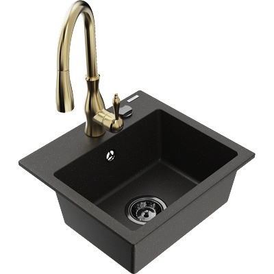 Mexen Milo гранитна мивка с 1 камера и кухненски смесител Savita, черен/златен металик- 6505-75-672601-50-B (6505-75-672601-50-B)