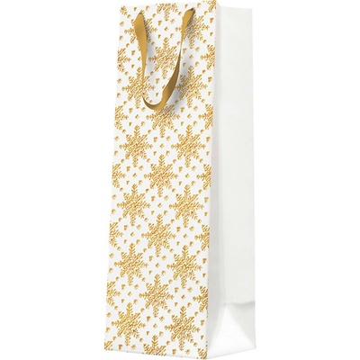 PAW Darčeková taška na fľašu Snehové vločky zlaté 12x37x10 cm