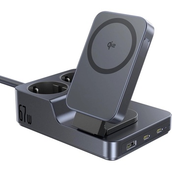 Baseus Разклонител с 2 AC изходa, вградена поставка (пад) за безжично зареждане за iPhone с MagSafe и 1xUSB-A и 2xUSB-C изходи - Baseus Nomos ND11 6-in-1 Desktop Charger Qi2 With 2 AC Outputs (P80015804213-00) (черен) (P80015804213-00)