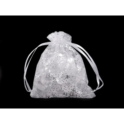 Vánoční dárkový pytlík vločky 9x11 cm organza - bílá stříbrná (5 ks)