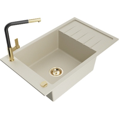 Mexen Elias гранитна мивка с една камера с плот и кухненски смесител Flora, бежов - 6511-69-670401-57-G (6511-69-670401-57-G)