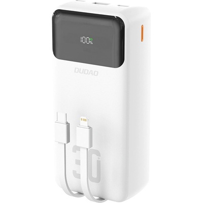 Dudao Външна батерия/power bank/ Dudao K15MAX, 30000mAh, бяла, 1x USB-C / 1x USB-A / 1x Lightning портове, 1x USB-C / 1x Lightning вградени кабели, 22.5W, вграден LED фенер, защити срещу презареждане (K15MAXWHITE)