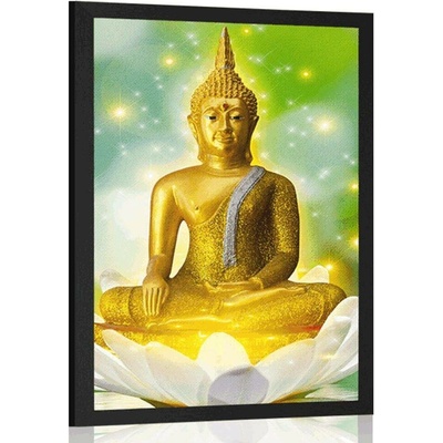 Plakát zlatý Buddha na lotosovém květu - 40x60 white