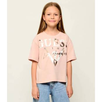 GUESS Розова къса тениска за момиче с лъскав голям надпис и лого Guess