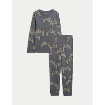 Marks & Spencer Пижама от чиста памучна материя с принт с игра (3-16 години) Marks & Spencer сива Marks & Spencer | Siv | Момчешки | 7-8 години