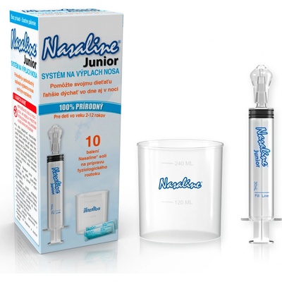 Nasaline Junior Systém na výplach nosa pre deti nosný aplikátor striekačka + 10 balení Nasaline soli na prípravu fyziologického roztoku + 240 ml odmerka