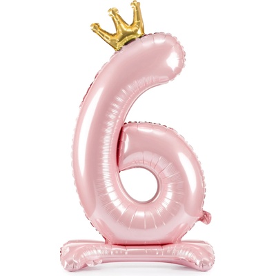 PartyDeco Balónik fóliový Stojacie číslo 6 s korunkou svetlo ružový 84 cm