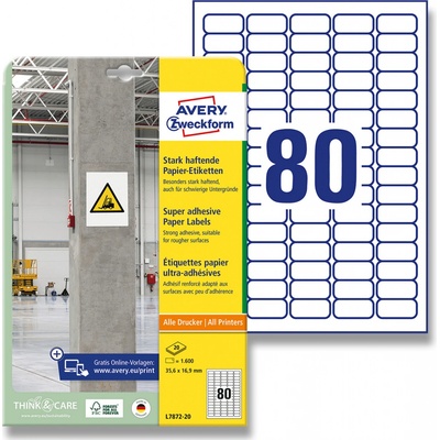 Avery Zweckform L7872-20 etikety s vysokou lepivostí 35,6 x 16,9 mm 1600 etiket bílé