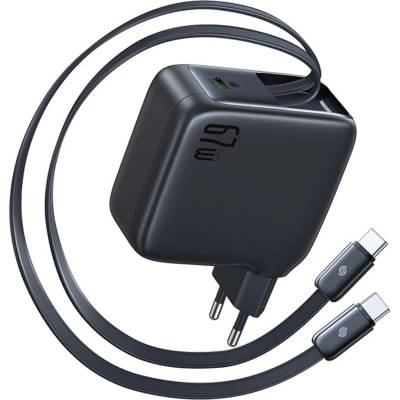 Baseus Зарядно за стена EnerCore CJ21 (E0121D00) - Baseus - с два прибиращи се Type-C кабела, 67W, 80см - Космическо черно