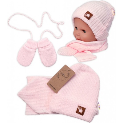 Baby Nellys Pletená čiapka so šálom a rukavičky 3v1, STAR sv. růžová