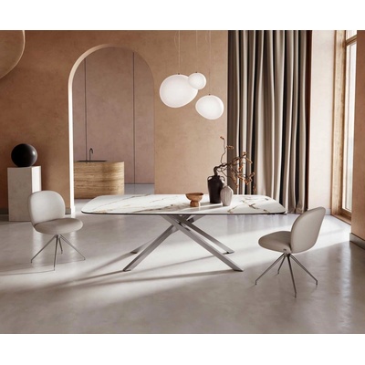 DELIFE Jídelní stůl Edge oválný 240 x 120 keramika Calacatta Luxe bílo-zlato-šedá křížová podnož hranatá z nerezové oceli