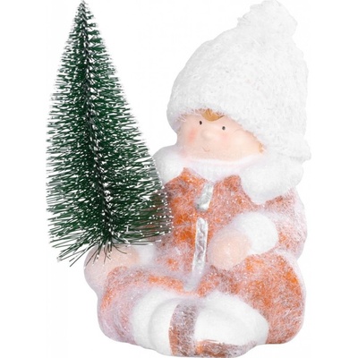 MagicHome Postavička Vianoce Chlapček so stromčekom terakota 14,5x13x17 cm