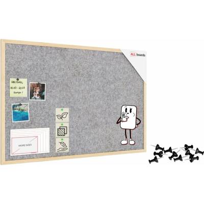 ALLboads Textilní tabule 90 × 60 cm, světle šedá, v lakovaném dřevěném rámu, TFLIGHTG96G