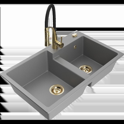 Tomas гранитна кухненска мивка с 2 камери и кухненски смесител Aster, сива - 6516-71-73450-57-G (6516-71-73450-57-G)