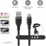 Nedis CCGB60800BK15 гъвкав кабел USB A - USB C (USB-C), USB2.0, 15W, дължина 1, 5 м, черен гъвкав силикон (CCGB60800BK15)