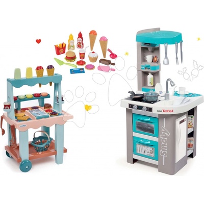 Smoby set elektronická Tefal Studio Bubble tyrkysová a zmrzlinársky vozík s hamburgermi 311023-10