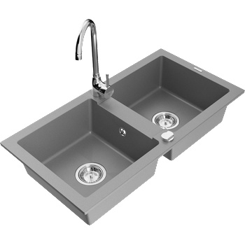 Mexen Mario гранитна мивка 2-коморна с кухненски смесител Telma, сив - 6504-71-670200-00 (6504-71-670200-00)