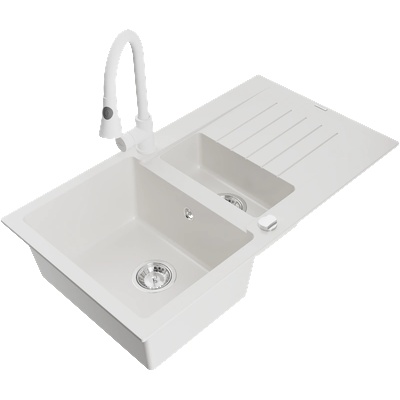 Mexen Matias гранитна мивка с 1, 5 камери и отцедник и кухненски смесител Elia, бял - 6502-20-670101-20 (6502-20-670101-20)