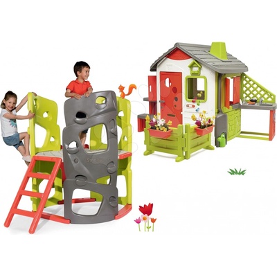 Smoby Set preliezačka Multiactivity Climbing Tower na šplhanie so šmykľavkou a domček Neo Jura Lodge s nadstavbovým riešením