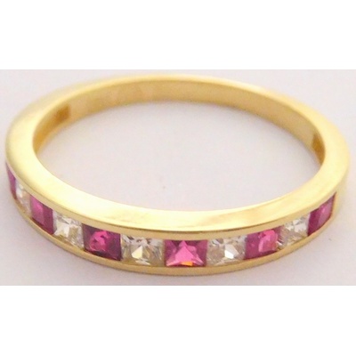 Klenoty Budín dámský zlatý prstýnek se zirkony a červenými rubíny HK1072