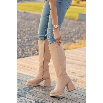 Moda Trend Дамски ботуши с цип и широк ток - Бежови #362004 (362004_Бежов)