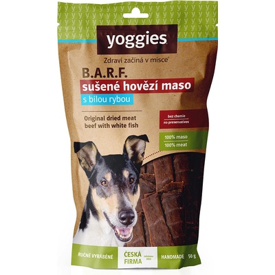 Yoggies Sušené Hovězí maso s rybou pro psy proužky 45 g