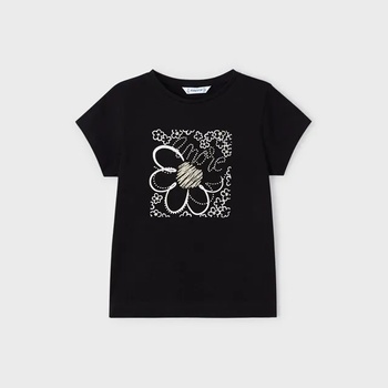MAYORAL Тениска с къс ръкав basic за момиче с цветя и камъни в черно Майорал